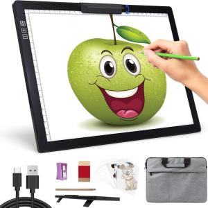 A4 Light Box for Tracing - Rechargeable Diamond Painting Light Board with Carry Case, Stepless Dimmable 6 Levels Brightness Light Table, Battery Powered Portable Light P for Weeding Vinyl Tracing