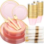 WELLIFE 210Pcs Clear-Pink Plastic Dinnerware- Pink and Gold Plastic Dinnerware include 30 Dinner Plates, 30 Dessert Plates, 90 Gold Silverware, 30 Cups and 30 Napkins Perfect for Parties