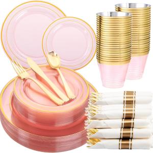 WELLIFE 210Pcs Clear-Pink Plastic Dinnerware- Pink and Gold Plastic Dinnerware include 30 Dinner Plates, 30 Dessert Plates, 90 Gold Silverware, 30 Cups and 30 Napkins Perfect for Parties