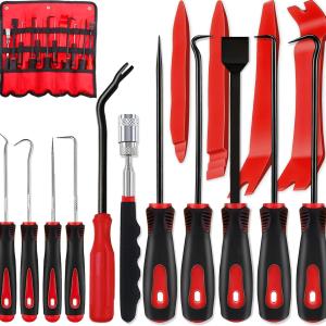 KEZE 15Pcs Carbon Steel Precision Pick & Hook and Trim Removal Tool Set with Scraper and Magnetic Telescoping Tool Kit for Remove Automotive Electronics Maintenance Hoses Gasket Hand Pick Up Tools