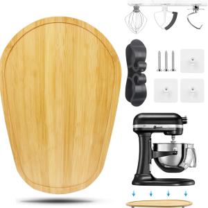 Sliding Mat for Kitchen aid 5-8 Qt Stand Mixer with 1Pc Cord Organizer and 3Pcs Attachment Holder for Kitchen Appliance Slider Counter, Moving Tray (5-8 Qt Bamboo and Attachment, Natural)