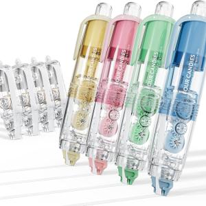 Four Candies 4PCS Refillable Retractable White Correction Tape, Colorful Aesthetic Pen Shaped Quick Dry Smooth Instant Applicator with 4 Extra Refills for Students School Office Supplies