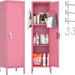 Lockable Metal Lockers with Handle and Keys,Metal Storage Locker with 2 Pegboard & 5 Hooks for Home,Office,School,Pink,Required Assembly