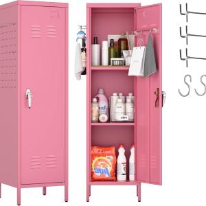 Lockable Metal Lockers with Handle and Keys,Metal Storage Locker with 2 Pegboard & 5 Hooks for Home,Office,School,Pink,Required Assembly