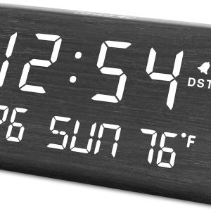 DreamSky Digital Alarm Clocks for Bedrooms - Wooden Desk Clock with Date, Day of Week, USB Port, Temperature, Dimmer for Bedside Table, Living Room, Office, justable Volume, Auto DST, Wood Decor