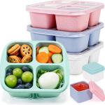 Caperci 4 Pack Bento Snack Boxes Lunchable Containers for Kids & ults, Wheat Straw 4-Compartment Reusable Food Storage Containers for Snacks & Small Meal (Multicolor & Clear Lids)