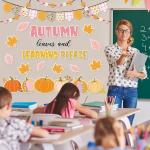 JarThenaAMCS 78Pcs Fall Thanksgiving Classroom Bulletin Board Decorations Pink Orange Pumpkin Maple Leaf Cutouts for Autumn Harvest Party Supplies School Chalkboard Wall Decor