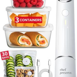 Chef Preserve Compact Vacuum Sealer for Food (Vacuum Sealer Machine + 3 Glass Vacuum Containers + 30 Reusable Vacuum Bags) Powerful Handheld Vacuum Seal Machine, Seal Meal Saver, Portable Food Sealer