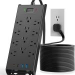 Surge Protector Power Strip 4800J, LeZone 10Ft Long Extension Cord Flat Plug, 12 Outlets 2 USB C 2 USB Ports, Wall Mountable, 20W Desk Charging Station, Black