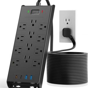 Surge Protector Power Strip 4800J, LeZone 10Ft Long Extension Cord Flat Plug, 12 Outlets 2 USB C 2 USB Ports, Wall Mountable, 20W Desk Charging Station, Black