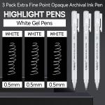 PANDAFLY White Gel Pens, 0.5mm Extra Fine Point Opaque Archival Ink Pen for Journaling, Art, or Drawing - For Artist Gifts, Holiday Gifts & DIY Projects, 3 Pack