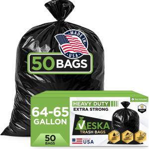 Veska 65 Gallon Trash Bags for Toter, (Value-Pack 50 Count w/Ties) Extra Large 64 Gallon Heavy Duty, 60 Gal Trash Bags Outdoor Garbage Can Liner for CustodiansExtra Large Garbage Bag 70 Gallon