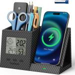 TopMe Wireless Charger with Pen Remote Holder, Multi-Functional Leather Nightstand Organizer Fast Charging Station, Digital Thermometer and Humidity Gauge, Desktop Storage (Black Carbon Fiber