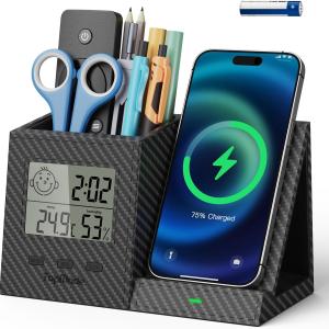 TopMe Wireless Charger with Pen Remote Holder, Multi-Functional Leather Nightstand Organizer Fast Charging Station, Digital Thermometer and Humidity Gauge, Desktop Storage (Black Carbon Fiber