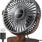 SWEETFULL 6.5 Inch USB Small Desk Fan, 3 Speeds Quiet Portable Desktop Table Fan, 360° justment Personal Mini Fan for Home Office Car Outdoor Travel (Black wood grain)