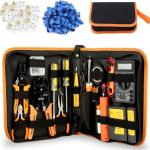 LEATBUY Network Crimp Tool Kit for RJ45/RJ11/RJ12/CAT5/CAT6/Cat5e/8P, Professional Crimper Connector Stripper Cutter, Computer Maintenance Lan Cable Pliers Tester Soldering Iron Set(Orange)