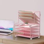 4-Tier Paper Organizer + 3-Pocket File Holder + Drawer + Pen Holders, Desktop File Organizers Paper Tray for Office Supplies School Classroom Organization (Pink, with Drawer & Pen Holder)