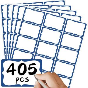 CATIFLIN 405 Pcs Name Tag Stickers 3x2 in, Blank Waterproof Self-hesive Labels, Easy Peel Write-On Tear-Resistant, for Clothing Classroom School Office Parties, White/Blue Border