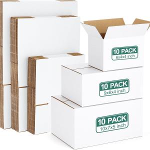 Eupako 30 Pack Small Shipping Boxes Assorted Sizes, White Corrugated Box Mailers, Cardboard Boxes for Packaging Small Business, Mailing, 6x4x4 & 9x6x4 & 10x7x5 10 PCS Each Small Boxes
