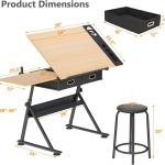 justable Height Drafting Table with Wood Top, Art Craft Desk with Slide-Out Drawers, Storage, for Drawing, Writing, Painting, and Creative Tasks, Ideal for Home Office, Natural