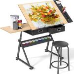 justable Height Drafting Table with Wood Top, Art Craft Desk with Slide-Out Drawers, Storage, for Drawing, Writing, Painting, and Creative Tasks, Ideal for Home Office, Natural