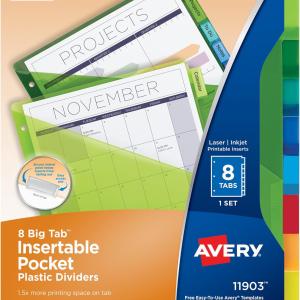 Avery Insertable Plastic Dividers for 3 Ring Binders, 8 Tabs per Set, Big Tabs, Two Pockets, Multicolor Binder Dividers, Works with Sheet Protectors (11903)