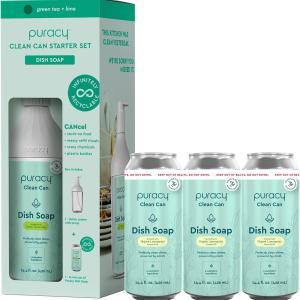 Puracy Dish Soap Clean Can Bundle - Starter Set and 3 Pack Refill, Non-Toxic Dish Soap Plant-Powered Dishwashing Soap, Natural Dish Soap Liquid - Green Tea & Lime and Organic Lemongrass