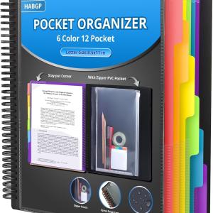 HABGP 12 Pocket Plastic folders with Pockets, 6 Colors Multi Pocket Folder Binder with Dividers, Office Organizer Folder Letter Size School Supplies