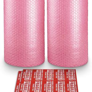 Pacific Mailer 2-Pack Anti-Static Bubble Cushioning Wrap Rolls, 3/16" x 12" x 72' ft Total, Perforated Every 12", 20 Fragile Stickers for Packaging, Shipping, Mailing