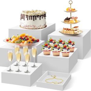 6PCS Buffet Risers, White Acrylic Food Risers for Buffet Table, Nesting Display Stand with Hollow Bottoms for Party, Catering, Dessert, Jewelry & Collectibles (10" x 10" x 6" to 5" x 5" x 1")
