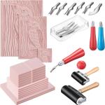 Gaillty Linocut Kit for Printmaking Including 12 Pcs 2'' x 2'', 6 Pcs 4'' x 6'', 2 6'' x 8'' Blocks, 2 Knives and 2 Rolls, Linoleum Blocks for Beginners Stamp Carving DIY Gift & Art Projects