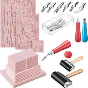 Gaillty Linocut Kit for Printmaking Including 12 Pcs 2'' x 2'', 6 Pcs 4'' x 6'', 2 6'' x 8'' Blocks, 2 Knives and 2 Rolls, Linoleum Blocks for Beginners Stamp Carving DIY Gift & Art Projects