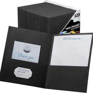 FILE-EZ Two-Pocket Folders, Black, 125-Pack, Textured Paper, Letter Size (EZ-32405)