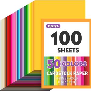 100 Sheets 8.5" X 11" Colored Cardstock, 50 Assorted Colors Construction Paper Card Stock Printer Paper for Printing, Card Making, DIY Crafts,School Supplies,Party Decorations (180GSM/65LB)