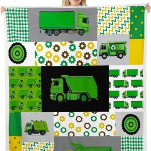 Green Garbage Truck Plush Blanket Powered Waste Management Recycling Trucks Fleece Throw Blanket Cartoon Garbage Truck Sherpa Blanket for Kids Boys Girls Car Fuzzy Blanket Twin 60"x80"