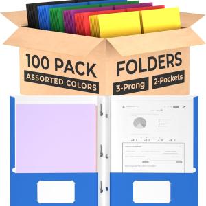 Folders 3 Prong Folders with Two Pockets Bulk (100 Pack) 2 Pocket Folder with Tabs School Home or Office Supplies (100 Pack, Assorted Colors)