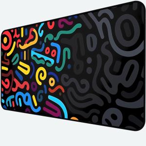 Colorful Line Desk P, Abstract Art Mouse P Mat XXL, Black Large Office Desk Keyboard P, with Non Slip Rubber Base and Stitched Edges Mouse P, Game Player's Desktop Decor 31.5"X15.7"