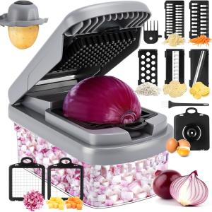 Vegetable Chopper,12-in-1 Multifunctional Food Chopper,Professional Onion Chopper with 7 Bles,Vegetable Cutter with Container for Sal,Potato,Carrot,and Garlic Essential Kitchen Tool (Silver black)