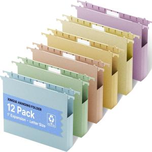 XINGIA Wheat Straw Plastic Hanging File Folder Letter Size,12 Pack Extra Capacity File Folders Hanging with Tabs,Heavy Duty 1" Pastel Expandable File Cabinet Folders for School Office,File Organizer