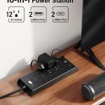 Surge Protector Power Strip 4800J, LeZone 10Ft Long Extension Cord Flat Plug, 12 Outlets 2 USB C 2 USB Ports, Wall Mountable, 20W Desk Charging Station, Black