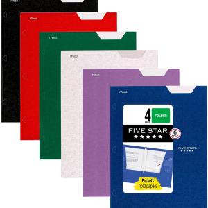 Five Star 4-Pocket Folder, 6 Pack, Paper Folder, Fits 3-Ring Binders, Holds 8-1/2" x 11" Paper, Assorted Colors (38058)