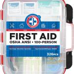 Be Smart Get Prepared First Aid Kit Hard Red Case 326 Pieces Exceeds OSHA and ANSI Guidelines 100 People - Office, Home, Car, School, Emergency, Survival, Camping, Hunting and Sports (20HBC01015REV3)