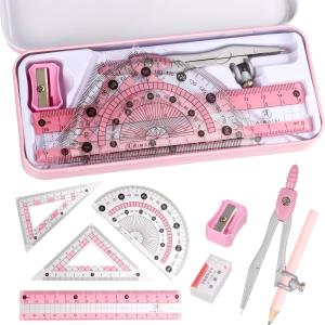 Compass Geometry Tool Protractor and Compass Set with Metal Box Drawing Compass with Rulers Math Compass Kit for Class Supplies and School 8 Piece