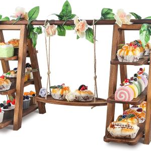 Wooden 3 Tier Cupcake Stand with Swing and Flower Decoration Serving Removable Tray Display Serving Lder Foldable Stand with Serving Platter Tray Party Food Display Set for Cake Snack Fruit Chips Br