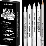 White Marker Pen for Art 5pcs, White Highlighter Pen Set with Brush Pen, Fineliner, Pencils, Acrylic Paint Pens for Black Paper Writing, Drawing