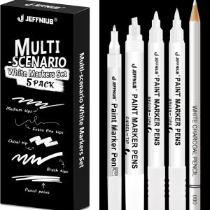 White Marker Pen for Art 5pcs, White Highlighter Pen Set with Brush Pen, Fineliner, Pencils, Acrylic Paint Pens for Black Paper Writing, Drawing