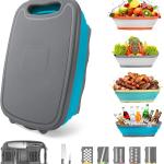 Gintan Camping Cutting Board, 9-in-1 Collapsible Chopping Board with Colander, Kitchen Vegetable Washing Basket for Camping, Camping Gifts Camping Accessories for RV Campers (Blue+Grey)