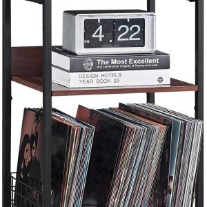 LELELINKY 3 Tier End Table,Record Player Stand with Storage Up to 100 Albums, Turntable Stand for Vinyl, Walnut Couch Nightstand Side Tables for Living Room Bedroom