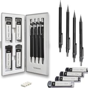 MozArt Mechanical Pencil Set with Case - 4 Sizes: 0.3, 0.5, 0.7 & 0.9mm with 30 HB Le Refills Each & 4 Eraser Refills -Sketch, Drafting, Art, Drawing Supplies (Black)
