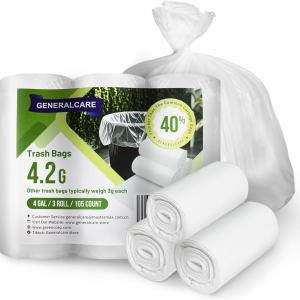 4 Gallon Small Trash Bags 105 Count Tear & Leak Resistant Small Garbage Bags For Bathroom White Trash Can Liners - 40% Thicker competitor brands roll bags
